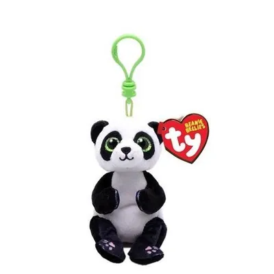 A plush panda toy with a keychain attachment and a brand tag.