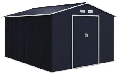 Obrázok produktu pre Záhradná búda – kovová búda na náradie – 322 x 277 x 192 cm – pozinkovaná oceľ – vodotesná – 2 posuvné dvere – 4 ventilačné otvory – čierna