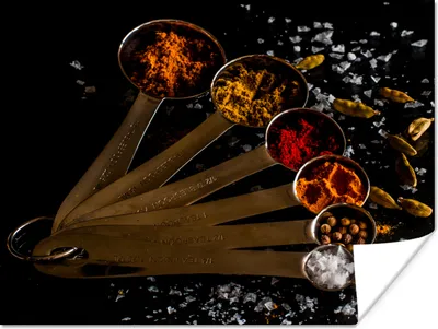 Produktbild von MuchoWow® Poster Gewürze - Löffel - Salz - Gewürze - Schwarz 160x120 cm - Foto Plakat