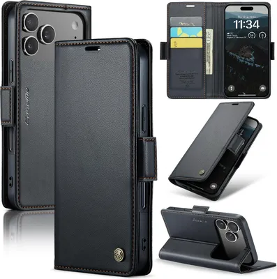 A collage of images showing a black leather wallet-style phone case for an iPhone.