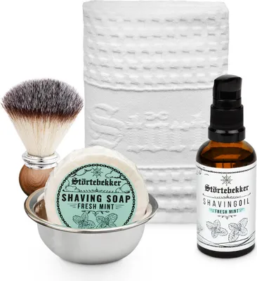 Produktbild von Störtebekker Rasurpflege Set - Mit Rasierpinsel, Rasierschale, Rasiertuch, Rasieröl, Rasierseife (Fresh Mint) - Rasierset / Bartpflege - Geschenkidee