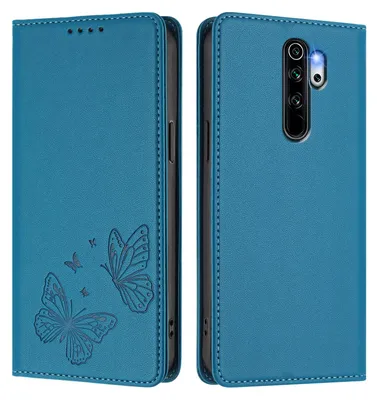 Produktbild von Lederhülle für Xiaomi Redmi Note 8 Pro, Schmetterling Prägung Leder Brieftasche Schutzhülle mit Ständer Blau