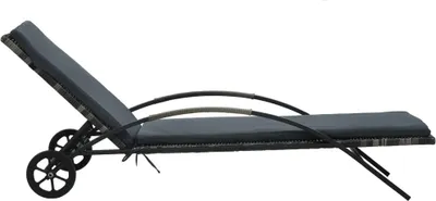 A side view of a chaise lounge chair with wheels and a cushion.