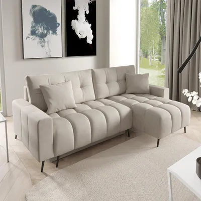 Image de Canapé d'angle DENVER beige, en L - avec fonction sommeil, coffre de lit & ottomane universelle