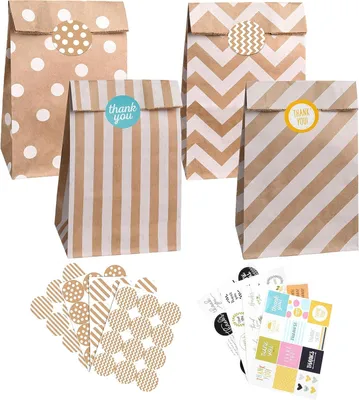 Produktbild von Papierbeutel 40 Stück, Braun Kraftpapier, mit 96 Aufklebern, für Geschenke
