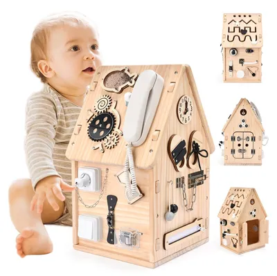 Imagen del producto de Casa de actividades de madera Montessori – Panel de desarrollo de habilidades motoras, juguete para niños pequeños – Juguete educativo para la guardería