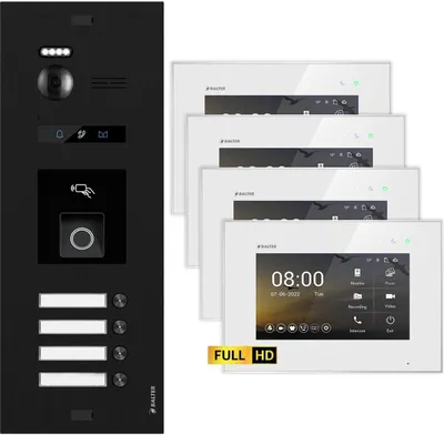 Produktbild von BALTER EVO HD Schwarz RFID/Fingerprint 4x7" Weiß Video Türsprechanlage Set 4 Familienhaus