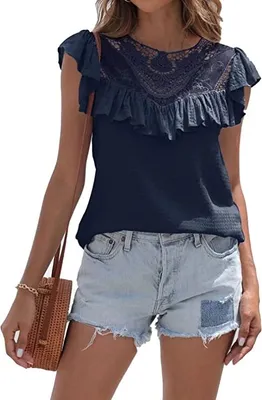 Produktbild von ASKSA Damen Spitze Bluse Tops Sommer Elegant Tunika Rüschen Rundhals Shirts Kurzarm Hemd, Dunkelblau, L