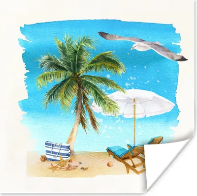 Produktbild von MuchoWow® Poster Strandkorb - Sonnenschirm - Palme 100x100 cm - Babyzimmer