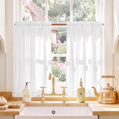 Productafbeelding van DANCE Semi-Transparante Gordijnen met Tunnel - Korte Vitrage voor Keukenraam - Zijraam - Lichtfilterend - 2 Stuks - 90B x 75H cm (2 Panelen) - Wit