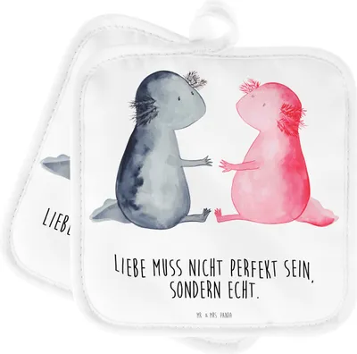 Produktbild von Mr. & Mrs. Panda Topflappen Axolotl Liebe - Weiß - Geschenk, Paar, Valentinstag, topfhalter, Set, Lurche, Kochlappen, Topflappenset, Topfuntersetzer