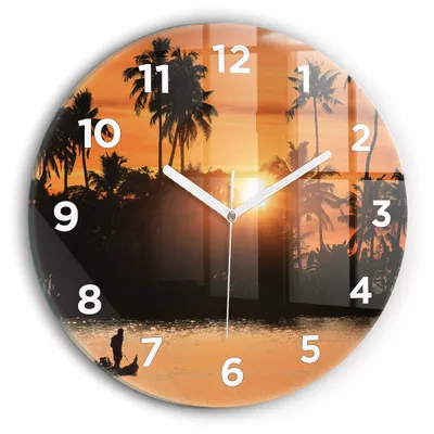 Produktbild von Wallfluent Wanduhr – Stilles Quarzuhrwerk - Uhr Dekoration Wohnzimmer Schlafzimmer Küche - Zifferblatt - weiße Zeiger - 30 cm - Sonnenuntergang und Palmen