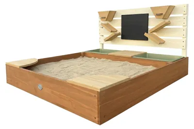 Produktbild von AXI Cato Sandkasten aus Holz mit Behältern für z.B Wasser, Stauraum, Kreidetafel & Spielwand - Beige und Braun | Sandkasten inklusive Trichter | Mit Plane & Bodentuch | 105x100x58,5 cm