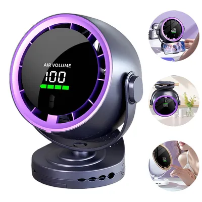 Collage of a portable fan and its use cases.