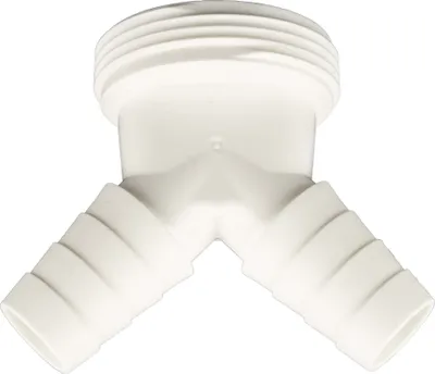 A white Y-shaped pipe fitting with ribbed hose barbs and a threaded top.
