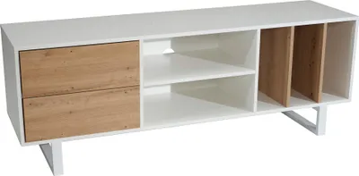 Obrázok produktu pre Spodná doska biela s dekorom dub 150x55x40 cm tv skrinka moderná, dizajnová tv skrinka vysoká, tv stolík tv skrinka so zásuvkami a policou, tv skrinka obývacia izba | Wohnling