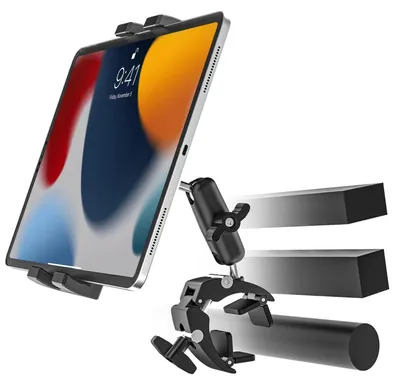 Obrázek produktu pro Držák tabletu na řídítka, tyč nebo trubku | pro tablety o velikosti 4-13 palců | univerzální kompatibilita | kovová svorka