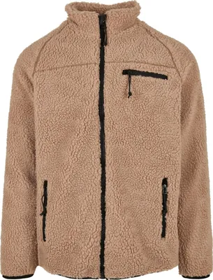 A close-up studio shot of a beige teddy fleece jacket with a black zipper and black trim.