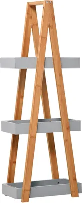 Image de Étagère de salle de bain en bambou - Étagère sur pied - Avec 3 niveaux - Dimensions 30 x 18 x 81 cm - À monter soi-même - Naturel et gris