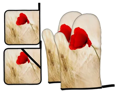 Produktbild von Ofenhandschuhe und Topflappen mit roter Blume, Set mit 4 rutschfesten Grillhandschuhen, Küchenhandschuhe, hitzebeständig, für Küche, Kochen, Backen, Grillen