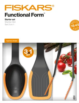 Product packaging for a Fiskars Functional Form starter set of kitchen utensils.