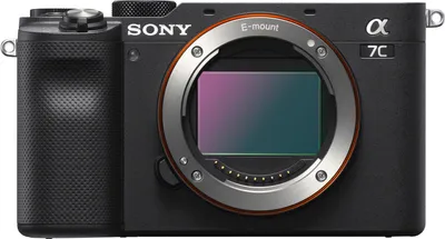 A front-facing studio shot of a Sony Alpha 7C camera.