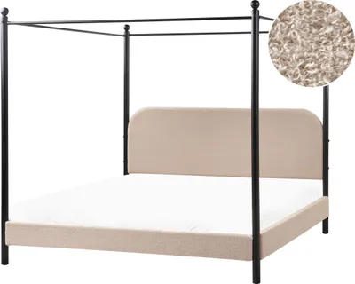 Produktbild von BELIANI Himmelbett Taupe Bouclé-Stoffbezug u. Metall mit Lattenrost 180x200 cm Hohes Kopfteil Modernes Design Doppelbett mit Baldachin Himmel