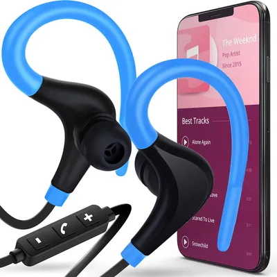 A pair of black and blue sport headphones are shown next to a smartphone displaying a music app.