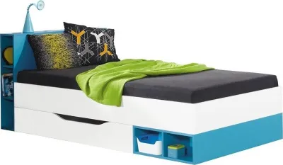 Produktbild von Furniture24 Bett mit Federkernmatratze MOBI MO18 90 x 200 cm Kinderbett Jugendzimmerbett mit Schublade und Regalen Weiß/Türkis