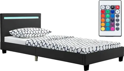 Obrázok produktu pre Posteľ Verona 200226, čalúnená, s LED osvetlením, vysoké čelo, robustný rám postele, lamelový rošt, čierna, 90 x 200 cm