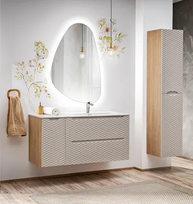 Productafbeelding van Badmeubelset 4-delig, badkamerinrichting LAXY, eikenhout, beige, met wandkast links, inclusief wastafel