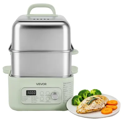 Produktbild von VEVOR Elektrischer Dampfgarer 6L Glas mit 2-stufigen Edelstahlschalen, 1200W Gemüse-Dampfgarer zum Kochen, 1-3 Portionen, vorprogrammierte Einstellungen, verzögerter Start, für Gemüse, Meeresfrüchte & Reis, Weiß