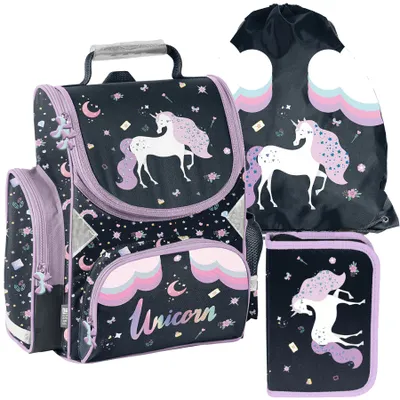 Immagine prodotto di Zaino scolastico per bambine e bambini con motivo UNICORN, set da 3 pezzi: zaino, astuccio e borsa – Mega-Set Paso UNICORNO