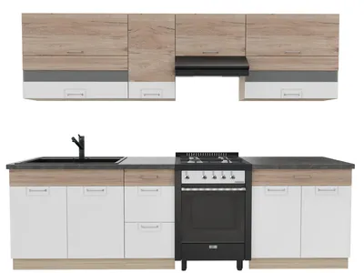 Obrázek produktu pro Kuchynská linka 270 cm – ECONO B PLUS – dub Sonoma – bílá lesklá – s tmave hnedou pracovní deskou – vestavená kuchyne se systémem Soft-Close – zásuvky s kovovými úchytkami