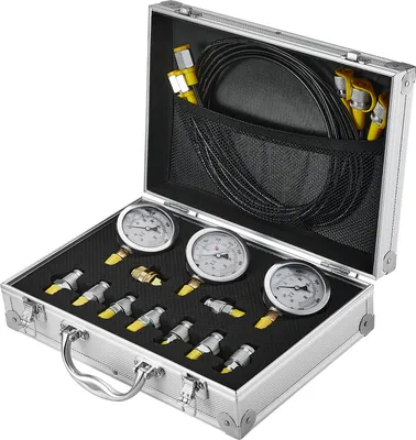 Obrázek produktu pro SucceBuy sada pro testování hydraulického tlaku, 250/400/600 bar, 3 manometry, 9 spojek, 3 hadice, přenosná sada pro bagry a stavební stroje