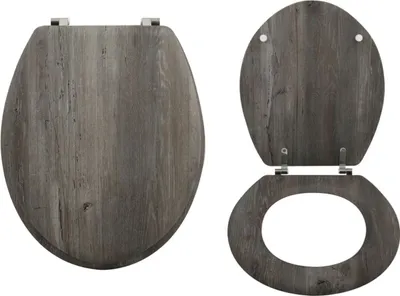 A toilet seat and lid are shown from a top-down perspective against a white background. The toilet seat has a wood-grain pattern.