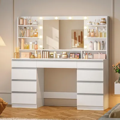 Productafbeelding van Kaptafel Grote Spiegel - Wit - 150 cm Breed - Hout - Met 10 LED-Lampen