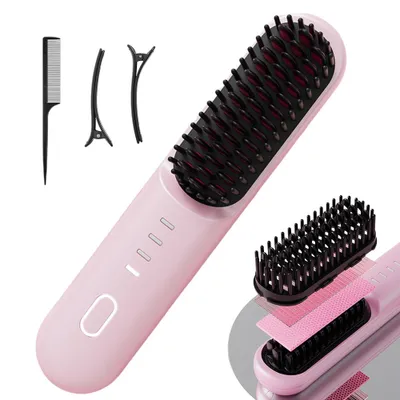 Image de Brosse lissante sans fil Brosse lissante Lisseur avec protection anti-brûlure Chauffage rapide 4 niveaux de température 140-200 ℃, brosse lissante