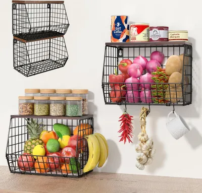 Produktbild von 2er Set Obst- & Gemüsekörbe mit Holzdeckel | Stapelbar & wandmontierbar | Platzsparende Küchenaufbewahrung