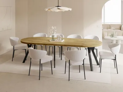 Produktbild von Esstisch Rund Groß XXL Ausziehbar im Loft-Stil – 100 bis 250 cm – Extra Lang Ausziehtisch mit Schwarzen Holzbeinen, Industrieller Tisch für 5-14 Personen – Esszimmertisch – Eiche Hell Braun