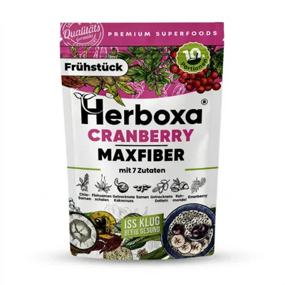 Immagine prodotto di Herboxa Cranberry Maxifiber in polvere - Miscela vegetale superfood per la colazione con semi di chia, semi di canapa e fibre alimentari - 10 porzioni
