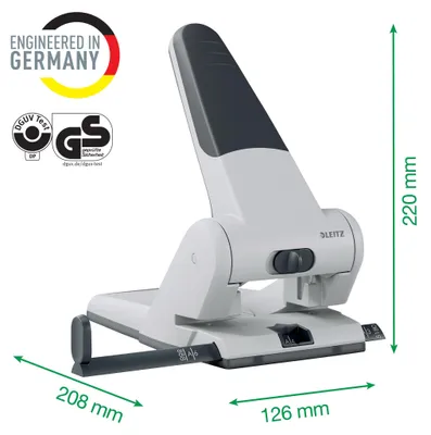Produktbild von Leitz Extrastarker Registraturlocher, 65 Blätter, Schwarz, Grau, 8 cm, 5,5 mm, A4, 130 mm