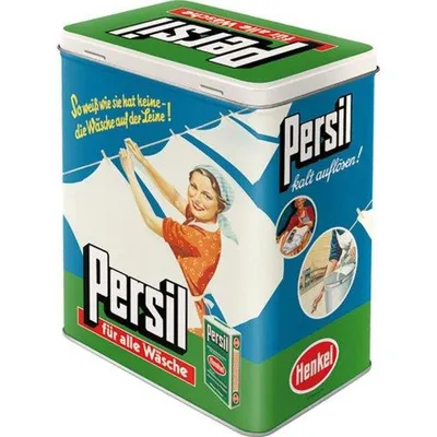 A vintage tin of Persil laundry detergent with a depiction of a woman hanging laundry.
