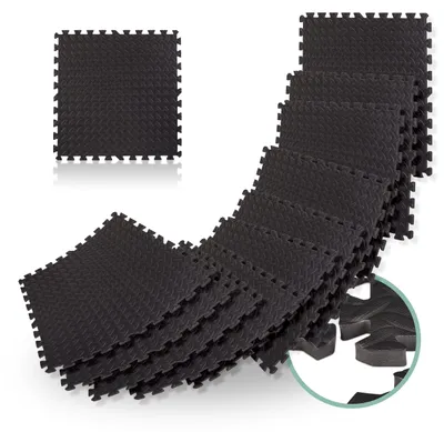 Zdjęcie produktu dla 96 mat ochronnych o wymiarach 30 x 30 cm, powierzchnia 8,6 m², z możliwością łączenia, amortyzujące podkładki ochronne do sprzętu fitness, grubość 1 cm, kolor czarny