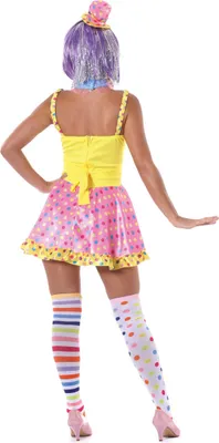 A person wearing a clown costume from behind.