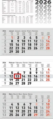 Produktbild von 3-Monatskalender Wandkalender 32x74cm 3 Monatsblöcke 2026.
