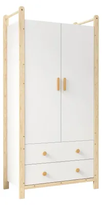 Zdjęcie produktu dla Szafa – dwudrzwiowa – 2 szuflady – drewno lite + MDF – kolor naturalny + biały – 90 × 45 × 180 cm