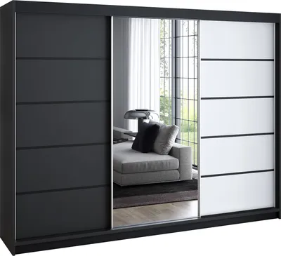 Produktbild von Schwebetürenschrank 200 cm, 3-türig, mit Spiegel & 4 Schubladen, Retro-Stil, modern, in Weiß/Schwarz/Sonoma – Kleiderschrank VILUNO 2