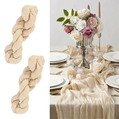 Produktbild von 2er Set Boho Tischläufer,90 x 300 cm Crème-Beige,Romantischer Tischläufer mit natürlicher Faltenoptik,Mulltuch-Deko für Hochzeit, Party & Event,Elegante Tischdeko im Skandinavischen Stil
