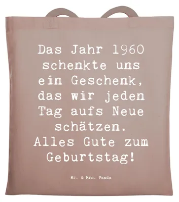 Produktbild von Mr. & Mrs. Panda Einkaufstüte Spruch 1960 Geburtstag - Braun Pastell - Geschenk, Geburtstagsgeschenk, Tote Bag, Einkaufstasche, Happy Birthday, Jutebeutel, Feier, Alter